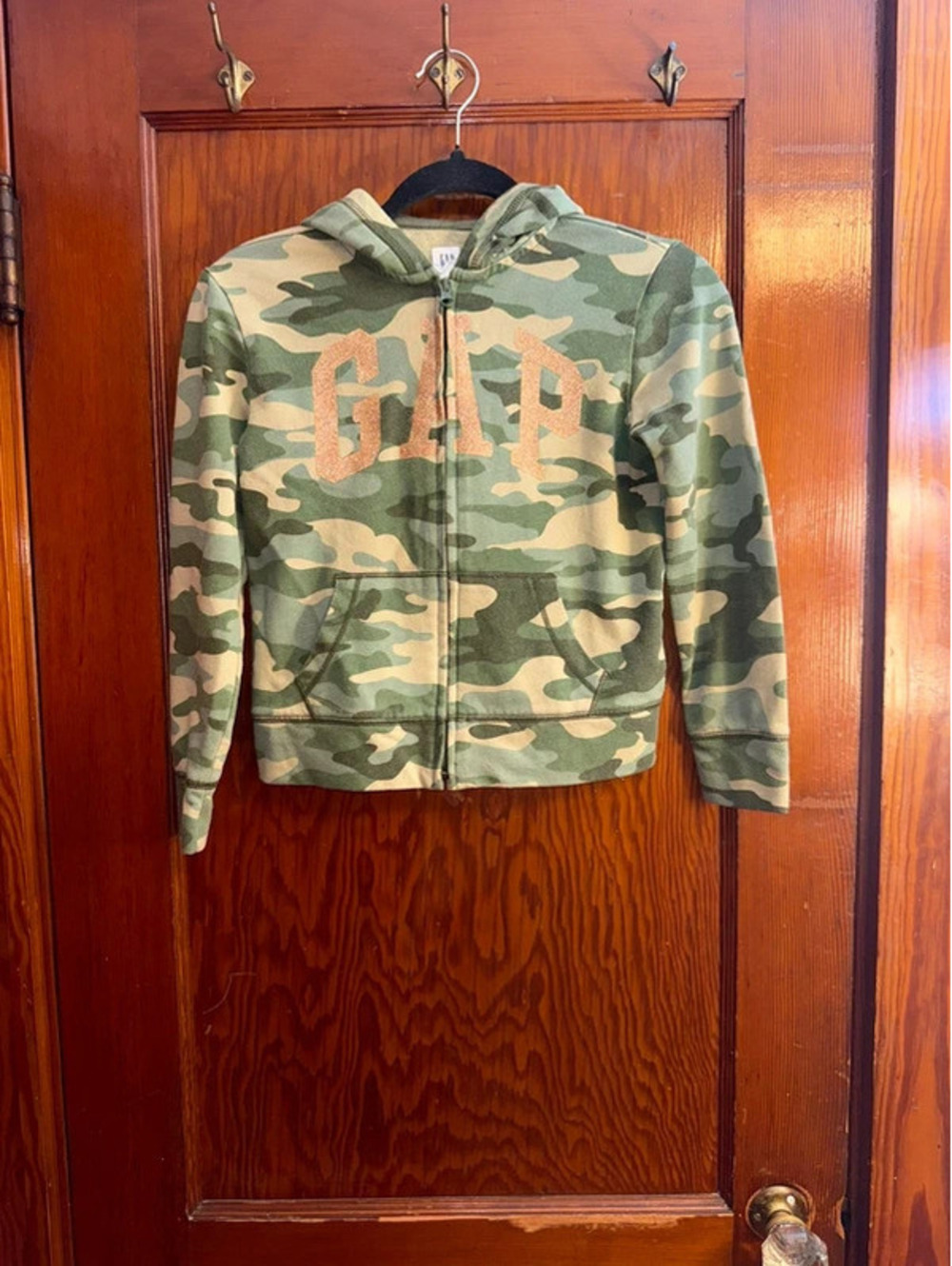 Gap Kids Camo Full-Zip Hoodie M 8 Green Rose Gold Glitter Logo
